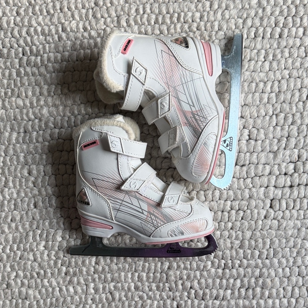 Kids White and Pink Adjustable Ice Skates